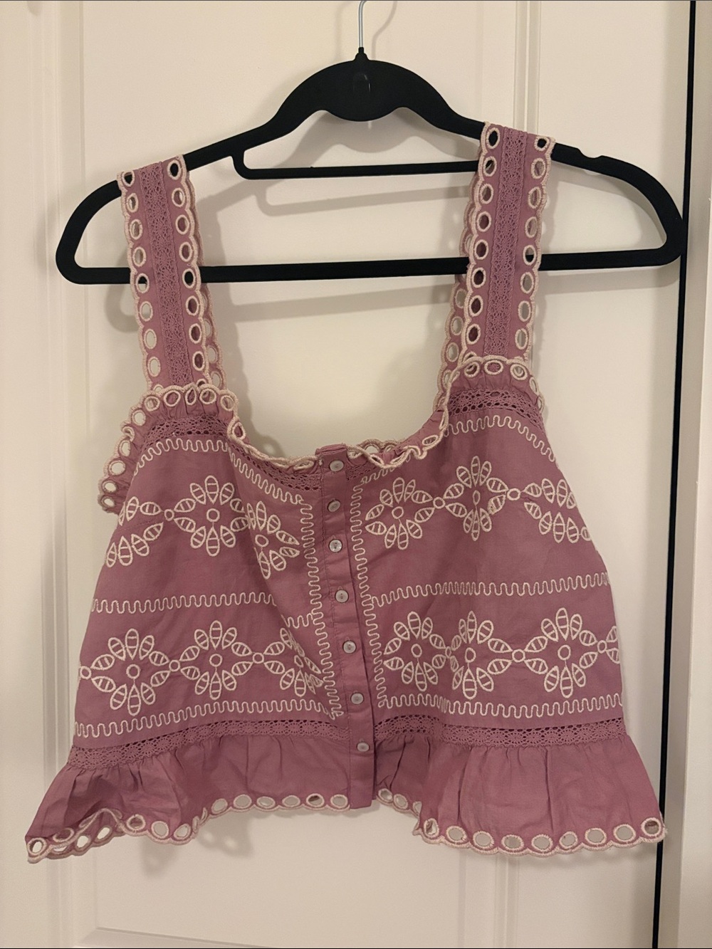 AE Embroidered Eyelet Button-Front Crop Top